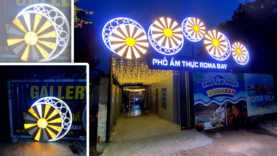 Cổng check-in Phố Ẩm Thực ROMA Bay chữ sáng và hệ đèn trang trí lối vào